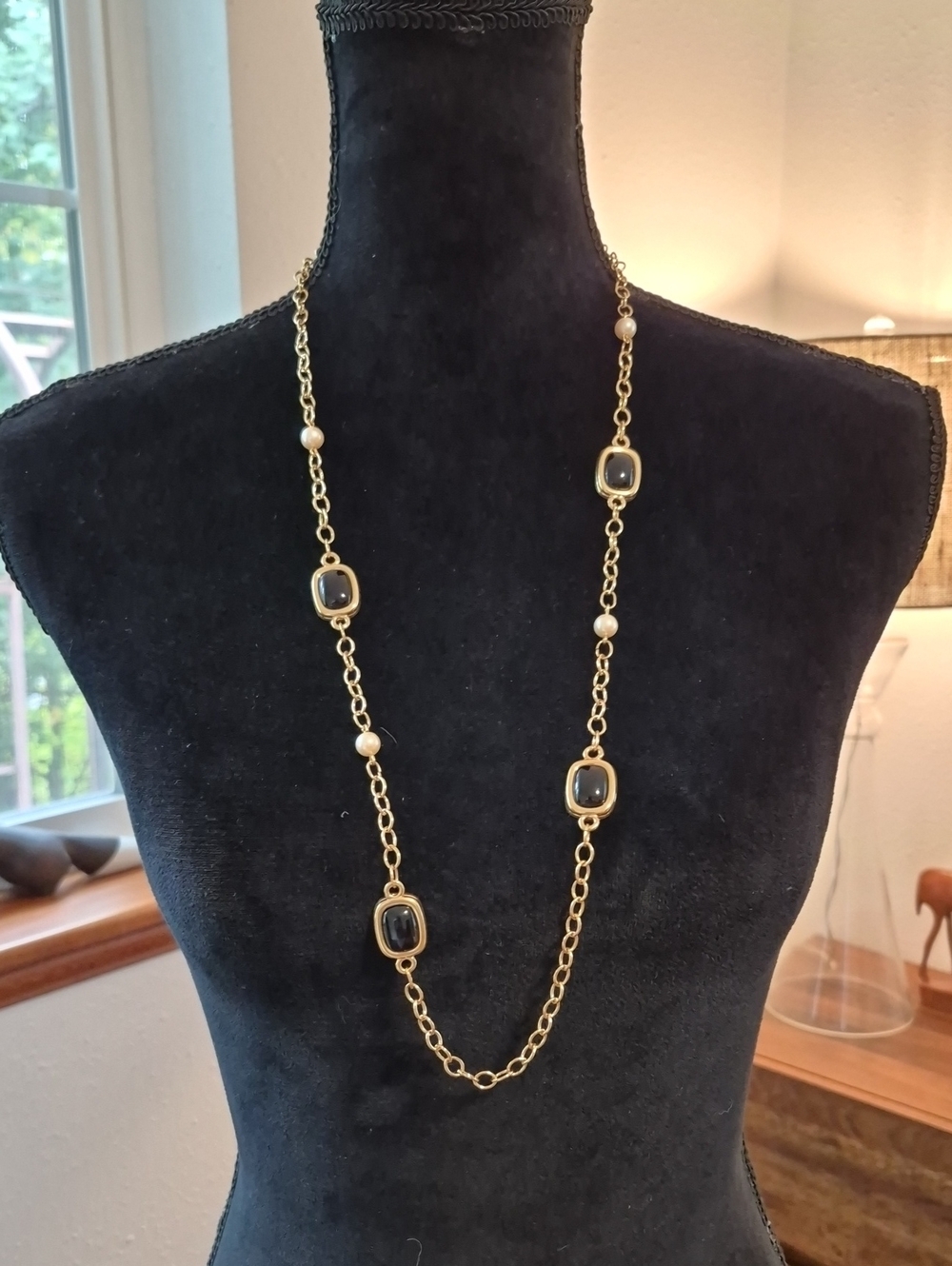 MONET 80s 36" Glass And Faux Pearl Opera Chain Gold Signed